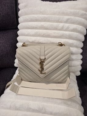 Authentic Saint Laurent College Cream  Leather Shoulder Bag with Gold Hardware